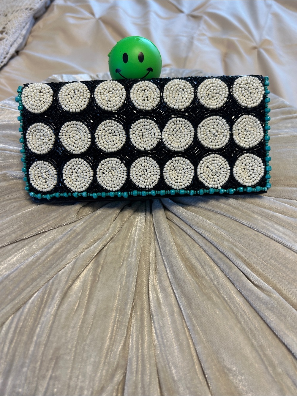 Mary Frances Beaded Black and White Circle Clutch with Turquoise Trim